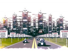 Weitwinkeldarstellung einer umfangreichen digitalen Stadtlandschaft als Webseite mit mehr als 10.000 vernetzten Seiten, strukturierten Kategorien, sichtbaren SEO-Schildern und Googlebot, der entlang optimierter Pfade navigiert.