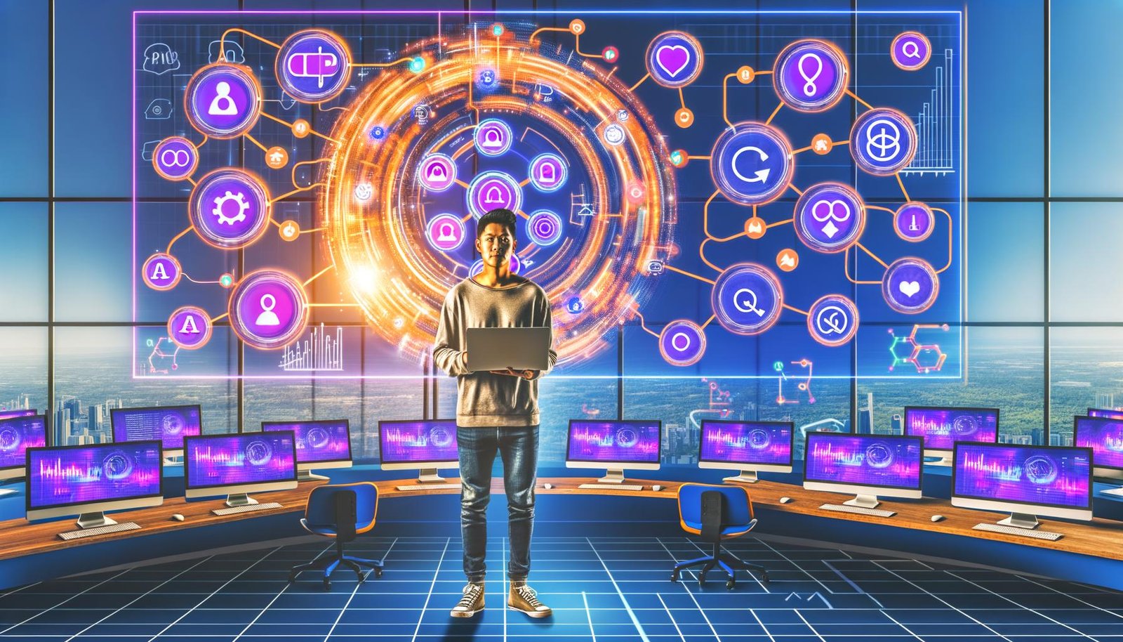 Dynamische Abbildung eines Growth Hackers mit Laptop in einem High-Tech-Office voller Bildschirme, Data-Dashboards, Social-Media- und API-Symbole sowie Automatisierungstools im Cyber-Design.