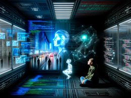 Person im Schatten vor holographischen Displays mit Code und neuronalen Netzwerken, leuchtende Linien an den Wänden und Blick auf eine gläserne Cyberpunk-Stadt mit Robotern und Menschen.