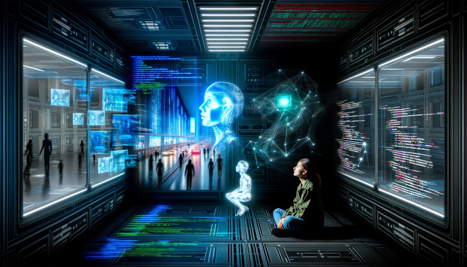 Person im Schatten vor holographischen Displays mit Code und neuronalen Netzwerken, leuchtende Linien an den Wänden und Blick auf eine gläserne Cyberpunk-Stadt mit Robotern und Menschen.