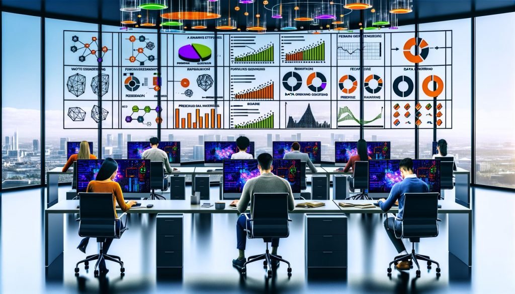 Modernes Büro mit großen Fenstern, mehreren Mitarbeitenden an Computern und bunten Dashboards mit Diagrammen, KI-Icons und Datenfluss-Visualisierung. Auf den Schreibtischen liegen Notizblöcke mit mathematischen Skizzen und Begriffen wie ARIMA und Feature Engineering.