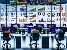 Modernes Büro mit großen Fenstern, mehreren Mitarbeitenden an Computern und bunten Dashboards mit Diagrammen, KI-Icons und Datenfluss-Visualisierung. Auf den Schreibtischen liegen Notizblöcke mit mathematischen Skizzen und Begriffen wie ARIMA und Feature Engineering.