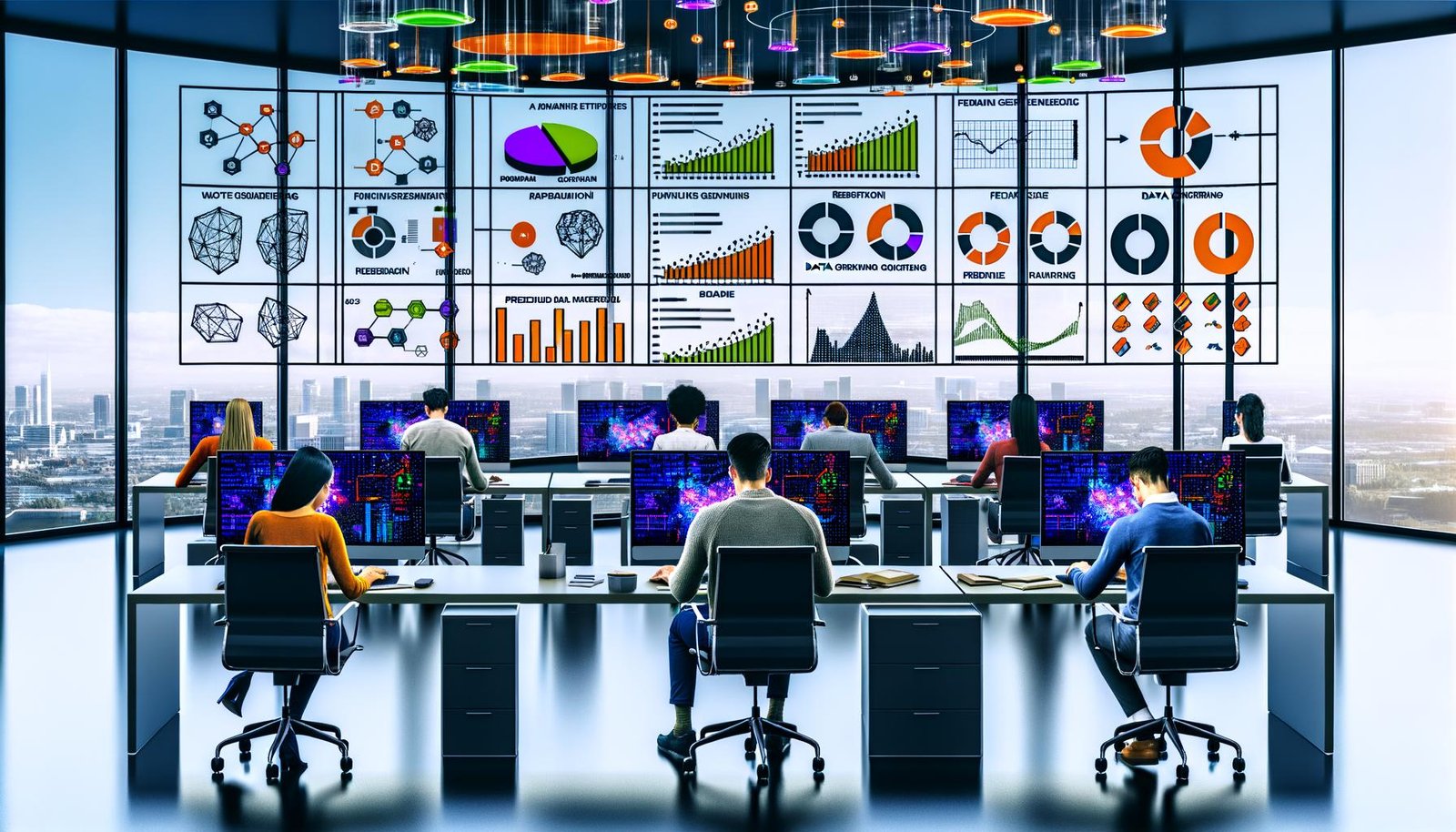 Modernes Büro mit großen Fenstern, mehreren Mitarbeitenden an Computern und bunten Dashboards mit Diagrammen, KI-Icons und Datenfluss-Visualisierung. Auf den Schreibtischen liegen Notizblöcke mit mathematischen Skizzen und Begriffen wie ARIMA und Feature Engineering.