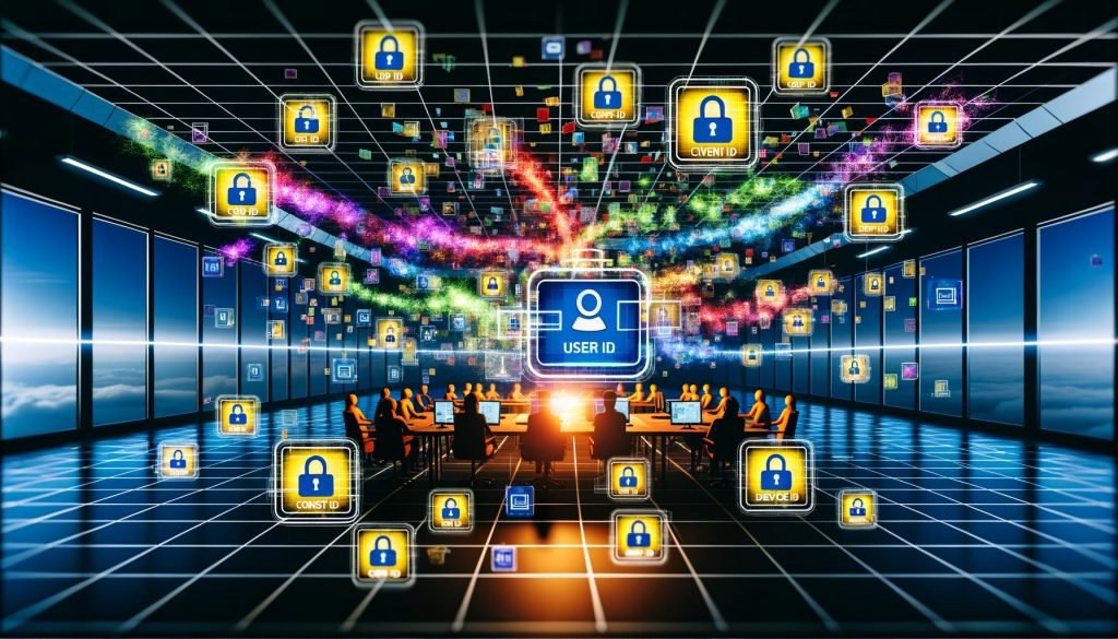 Moderner Arbeitsplatz mit vernetzten Analytics-IDs, Datenströmen, Dashboards und Symbolen für Datenschutz und Einwilligung in einer digitalen Umgebung.