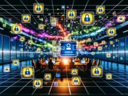 Moderner Arbeitsplatz mit vernetzten Analytics-IDs, Datenströmen, Dashboards und Symbolen für Datenschutz und Einwilligung in einer digitalen Umgebung.