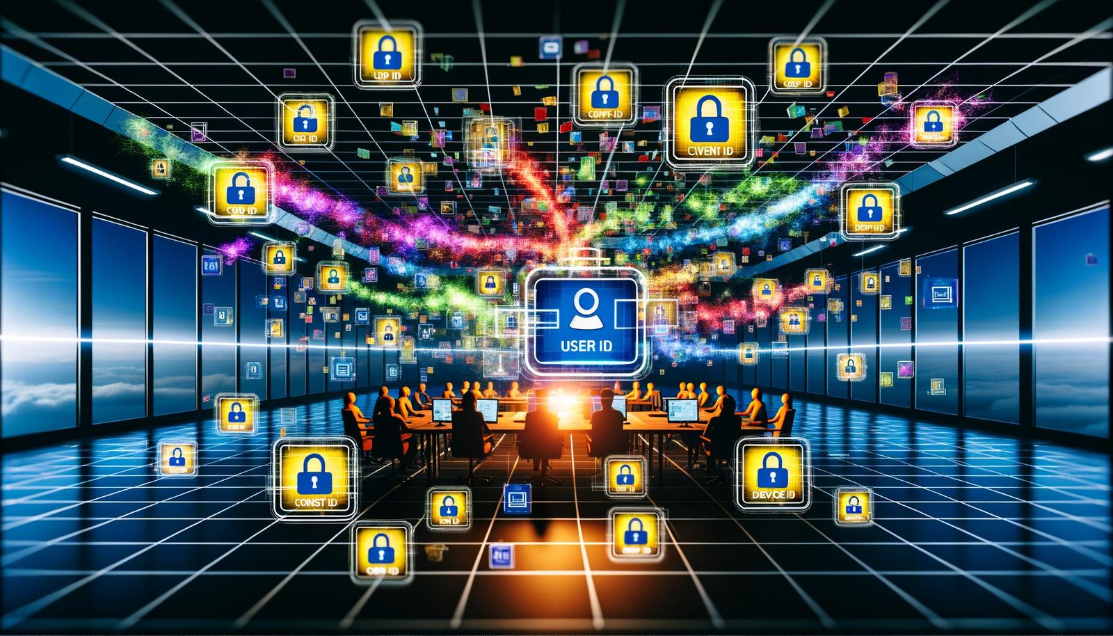 Moderner Arbeitsplatz mit vernetzten Analytics-IDs, Datenströmen, Dashboards und Symbolen für Datenschutz und Einwilligung in einer digitalen Umgebung.