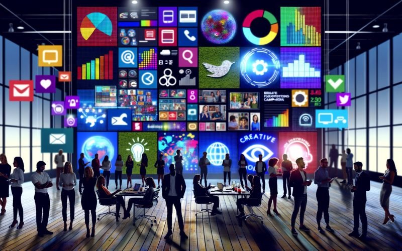 Marketing-Team steht vor digitalen Displays mit Markenfarben, Logos, Social-Media-Icons und Werbebannern. Im Hintergrund zahlreiche Touchpoints wie Smartphones, Laptops, Podcasts und Plakate, die eine erfolgreiche Brand Campaign symbolisieren.