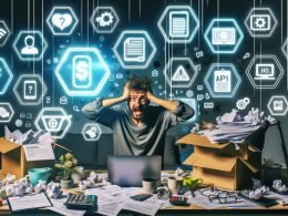 Gestresster Einzelkämpfer vor überfülltem Schreibtisch im Homeoffice, umgeben von digitalen Tool-Icons wie PayPal, Zapier, Make, n8n, mit blinkenden Warnmeldungen und Papieren.