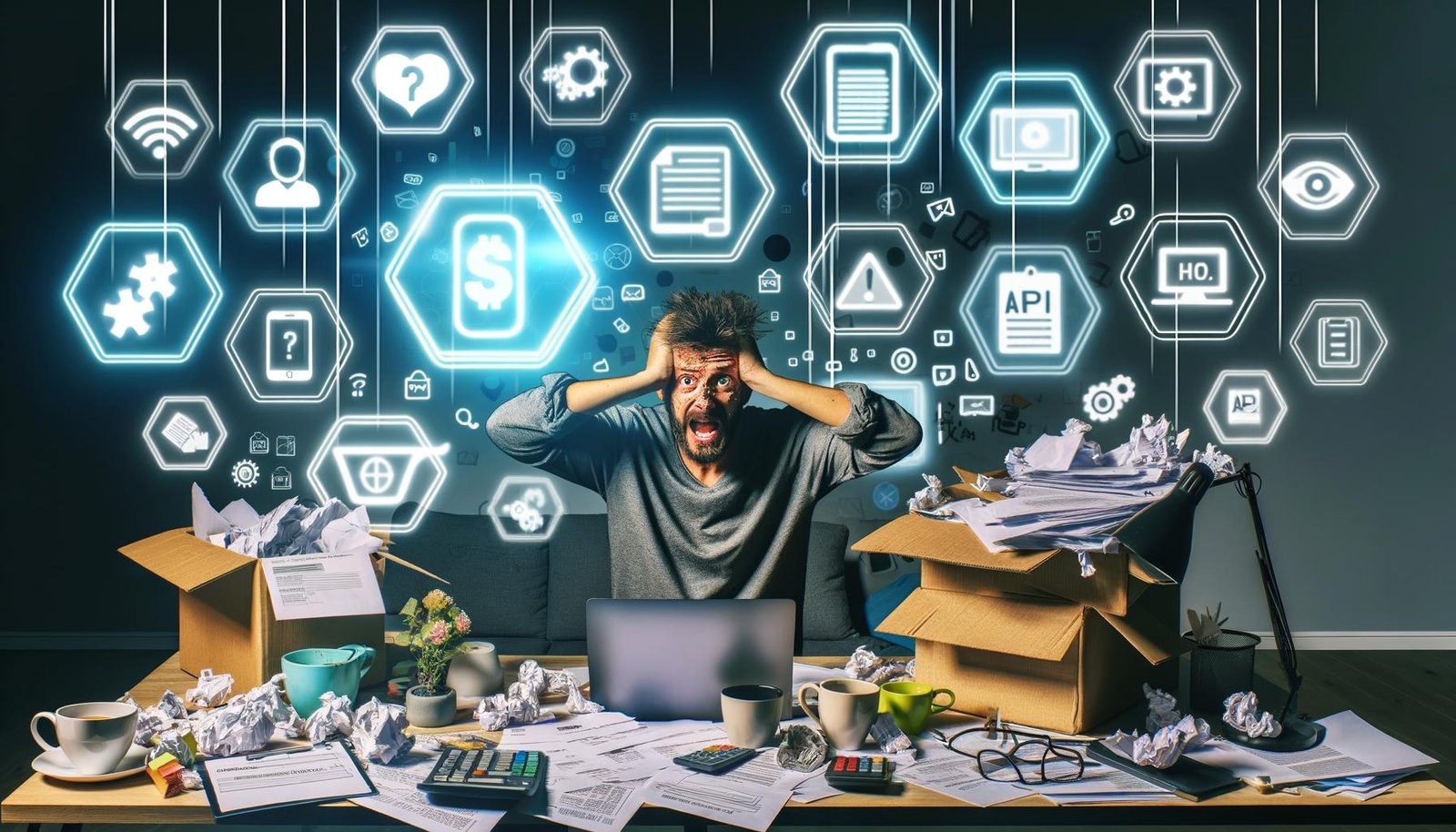 Gestresster Einzelkämpfer vor überfülltem Schreibtisch im Homeoffice, umgeben von digitalen Tool-Icons wie PayPal, Zapier, Make, n8n, mit blinkenden Warnmeldungen und Papieren.