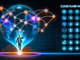 Futuristisches Editorial-Bild eines globalen Cloudflare Worker Lead-Routing Netzwerks mit verbundenen Knoten, holografischem Dashboard, CRM-Icons und moderner Business-Person.