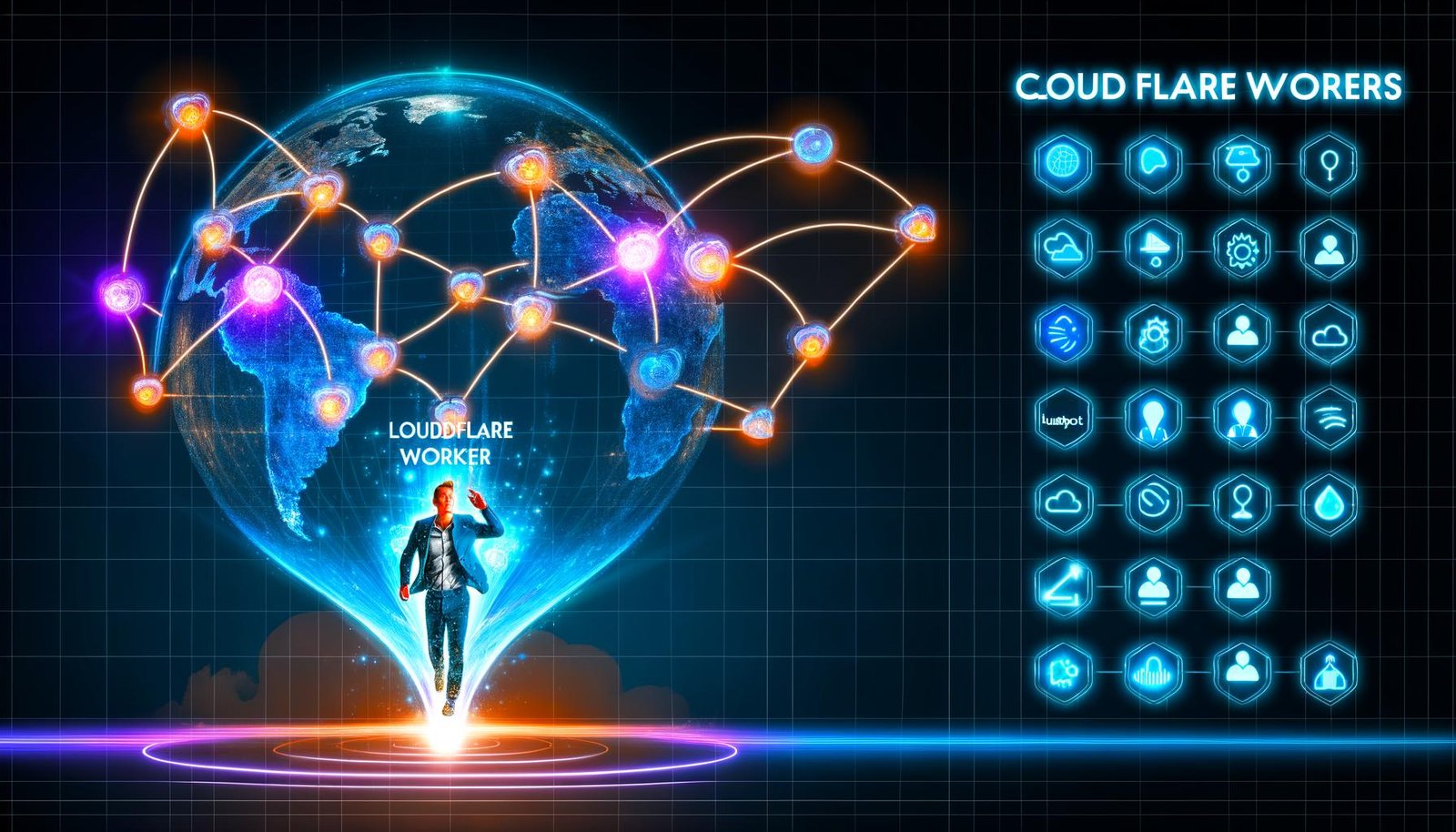 Futuristisches Editorial-Bild eines globalen Cloudflare Worker Lead-Routing Netzwerks mit verbundenen Knoten, holografischem Dashboard, CRM-Icons und moderner Business-Person.