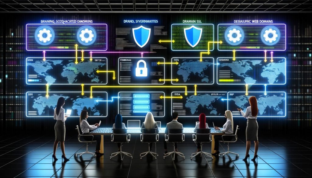 Illustration eines modernen Kontrollraums mit verknüpften Dashboards, die verschiedene Marken-Websites und Daten zu DNS, SSL sowie SEO anzeigen, umgeben von Fachleuten aus Marketing, IT und SEO.