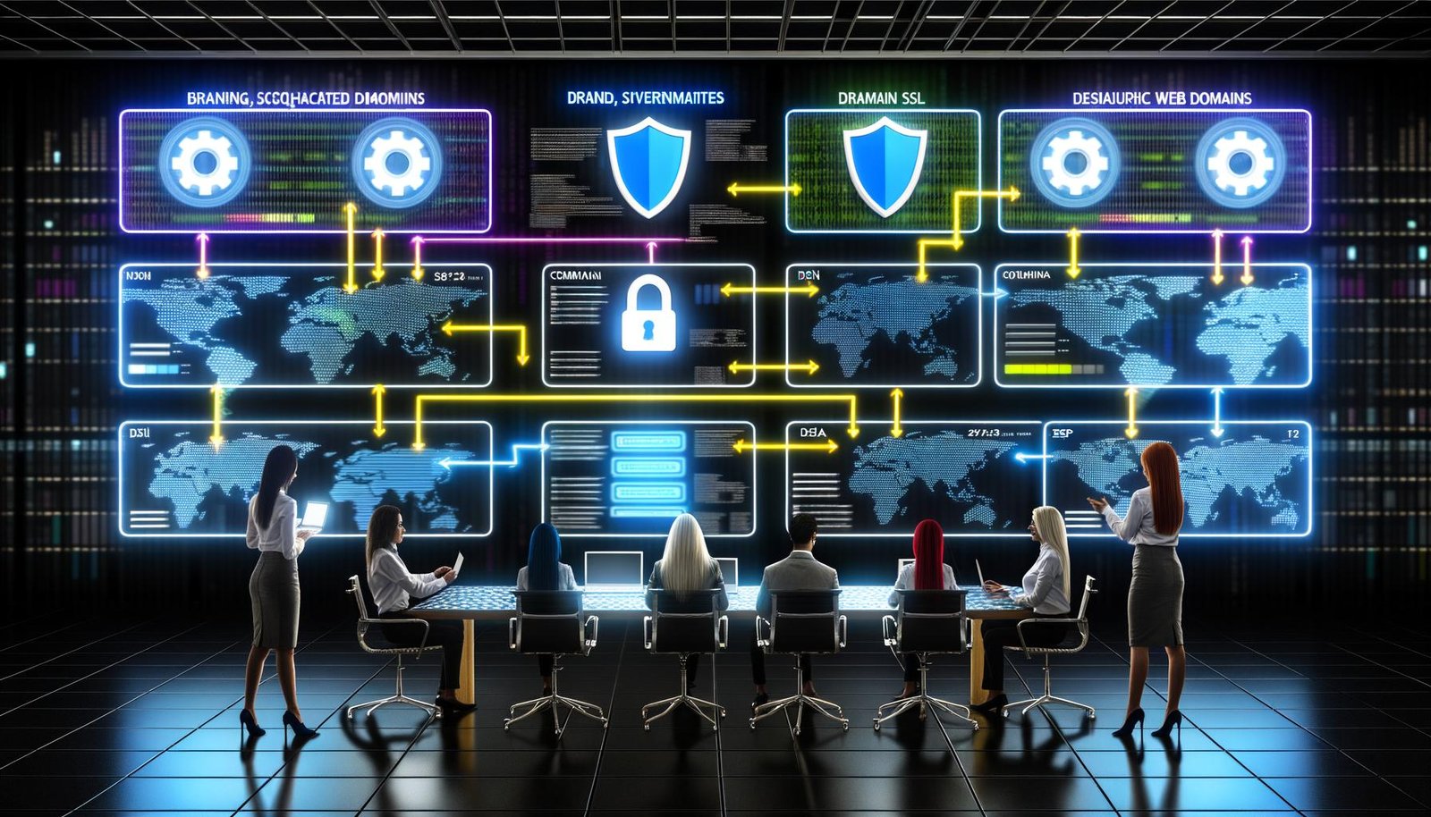 Illustration eines modernen Kontrollraums mit verknüpften Dashboards, die verschiedene Marken-Websites und Daten zu DNS, SSL sowie SEO anzeigen, umgeben von Fachleuten aus Marketing, IT und SEO.