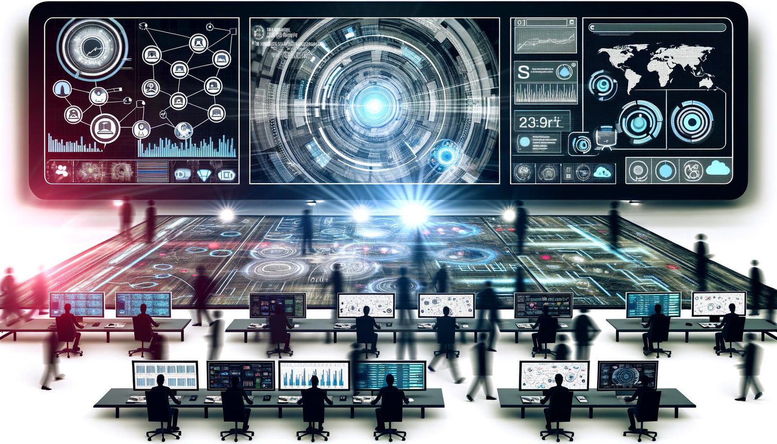 Futuristische Kommandozentrale mit digitalen Bildschirmen, technischen Geräten und Personen in Business-Kleidung, die Datenströme und Automatisierungsprozesse in Echtzeit analysieren.