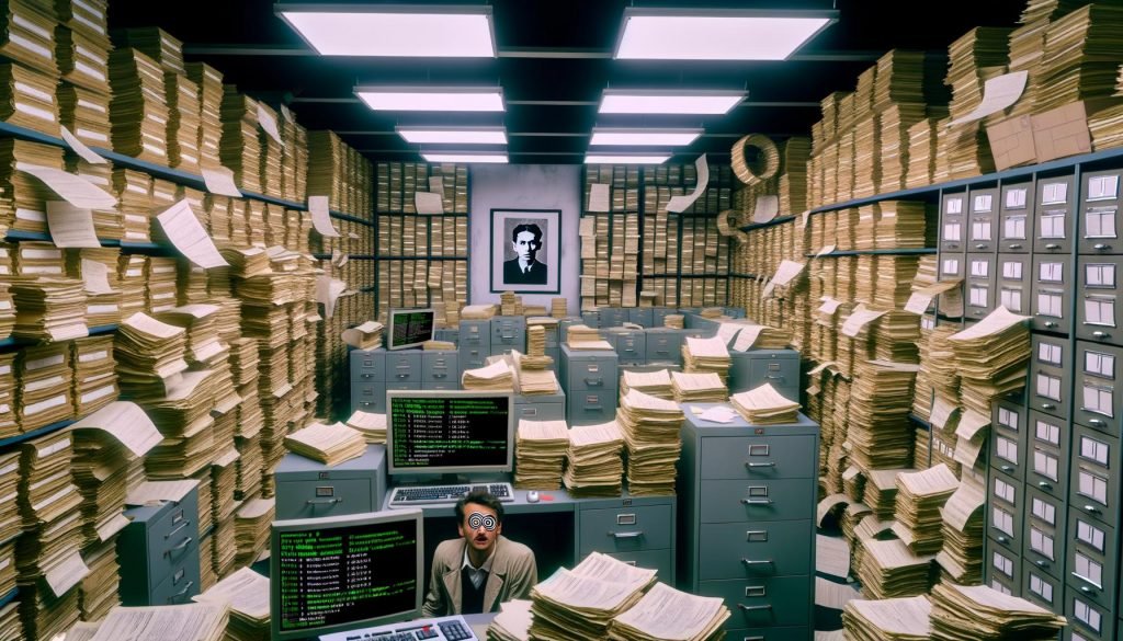 Labyrinthartiges Büro mit vollen Aktenschränken, Papierformularen, alten Monitoren und blinkenden Fehlermeldungen, eine verwirrte Person in der Mitte und Kafkas Porträt im Hintergrund.