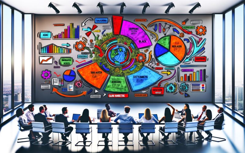 Digital Workspace eines Marketingteams mit Fokus auf Diagrammen, KPI-Dashboards und Budgetverteilung für verschiedene Online-Marketing-Kanäle