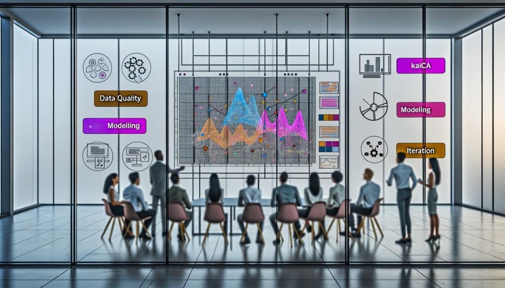 Marketing-Profis in einem modernen Büro analysieren Prognosedaten und KI-Analysen auf einem digitalen Dashboard, umgeben von Notizen zu Datenqualität und Modellierung.