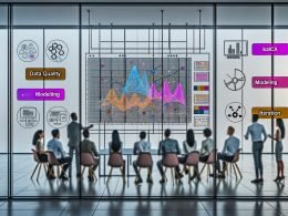 Marketing-Profis in einem modernen Büro analysieren Prognosedaten und KI-Analysen auf einem digitalen Dashboard, umgeben von Notizen zu Datenqualität und Modellierung.