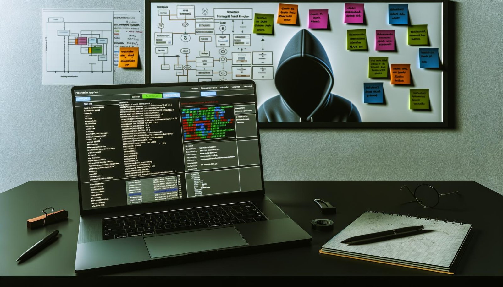 Dunkler, minimalistischer Schreibtisch mit aufgeklapptem Laptop, farbcodiertem Trackingplan, Skizzen-Notizzetteln und einem Analysten im Hoodie in professionellem Setting.