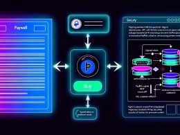 Zeitgemäße Grafik einer Paywall mit sichtbar verschwommenem Artikel, einem ‚Kaufen‘-Button, PayPal-Checkout-Fenster und technischer Server-Architektur für sichere Zahlungsabwicklung und Token-Verifikation.