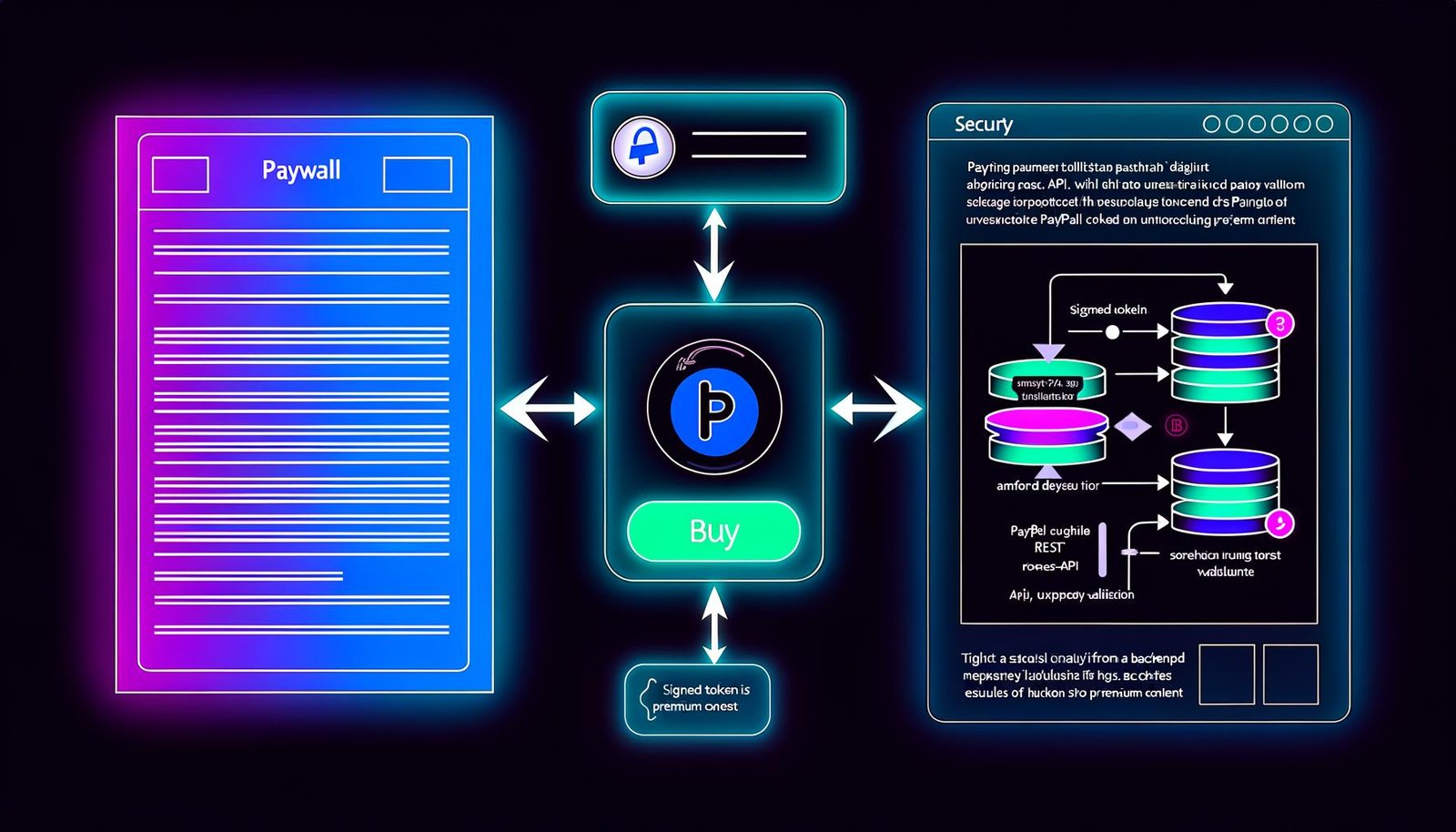 Zeitgemäße Grafik einer Paywall mit sichtbar verschwommenem Artikel, einem ‚Kaufen‘-Button, PayPal-Checkout-Fenster und technischer Server-Architektur für sichere Zahlungsabwicklung und Token-Verifikation.