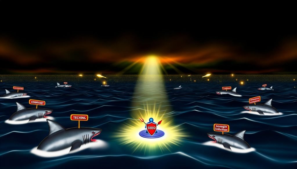 Metaphorische Illustration einer winzigen, leuchtenden Microsite, die sich mit einem Schild gegen bedrohliche Haie namens SEO, Google Index und Konkurrenz im digitalen Ozean behauptet.