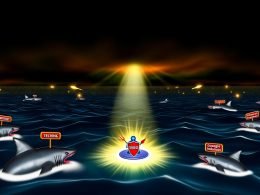 Metaphorische Illustration einer winzigen, leuchtenden Microsite, die sich mit einem Schild gegen bedrohliche Haie namens SEO, Google Index und Konkurrenz im digitalen Ozean behauptet.