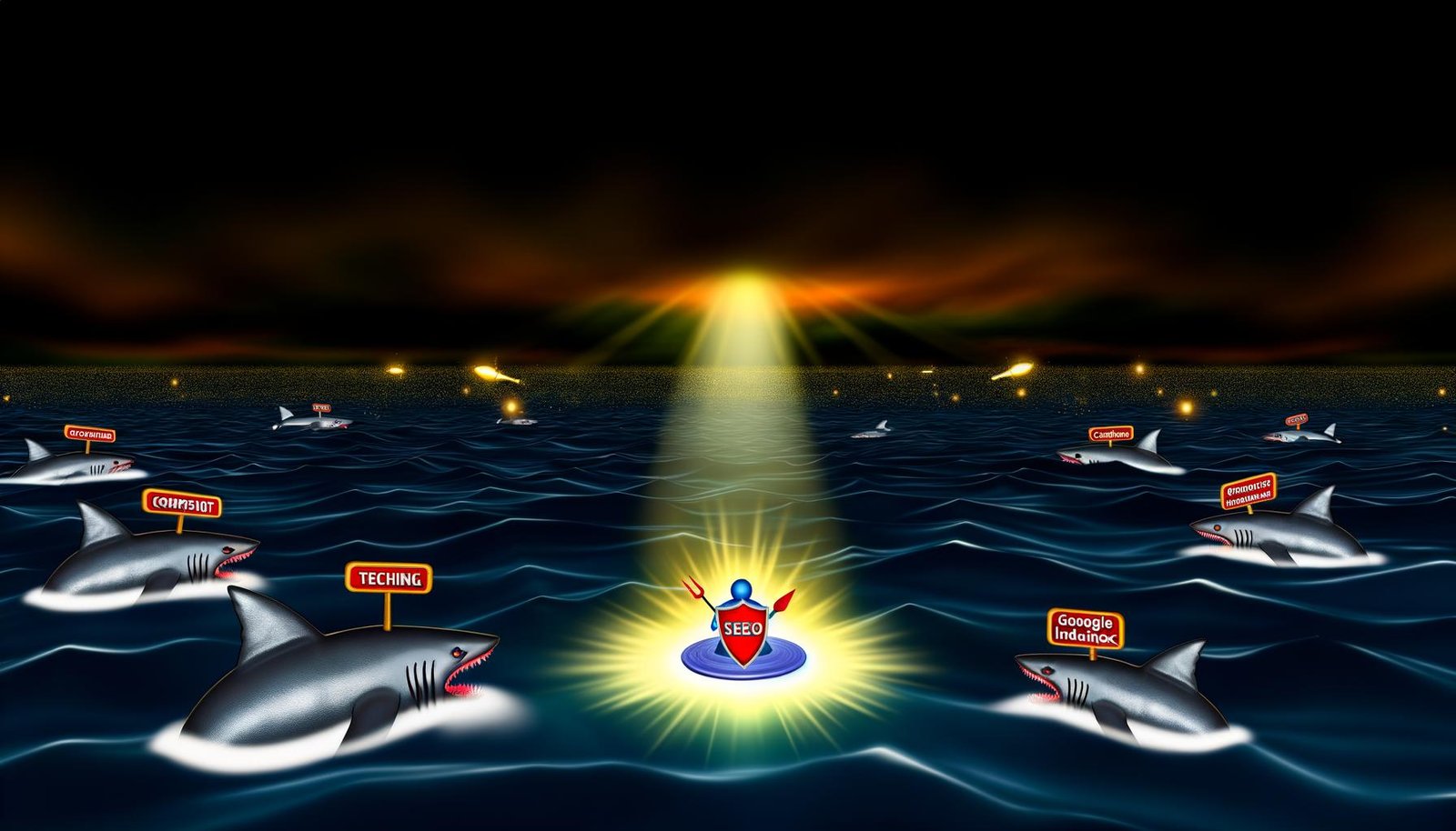 Metaphorische Illustration einer winzigen, leuchtenden Microsite, die sich mit einem Schild gegen bedrohliche Haie namens SEO, Google Index und Konkurrenz im digitalen Ozean behauptet.