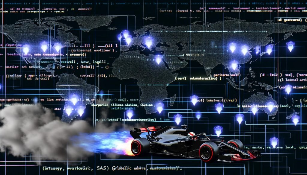Futuristisches Dashboard mit Code-Zeilen und JavaScript-Icons schwebt über einer Weltkarte mit leuchtenden Edge-Knotenpunkten, während ein Formel-1-Auto mit Nitro-Flammen an alten SaaS-Serverwolken vorbeifährt.