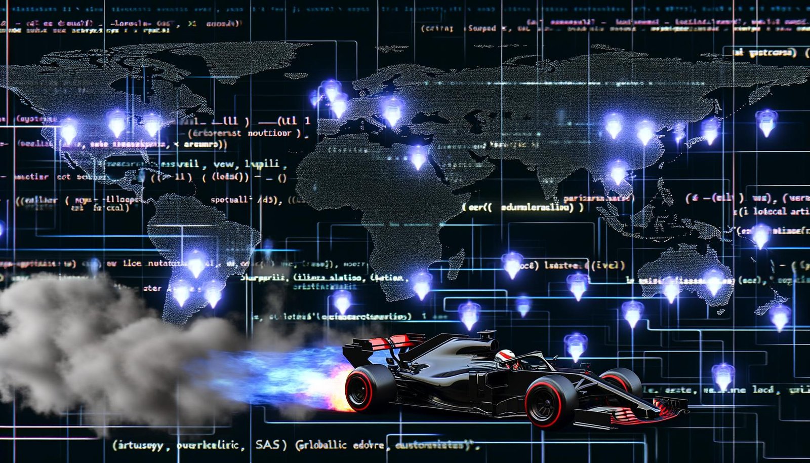 Futuristisches Dashboard mit Code-Zeilen und JavaScript-Icons schwebt über einer Weltkarte mit leuchtenden Edge-Knotenpunkten, während ein Formel-1-Auto mit Nitro-Flammen an alten SaaS-Serverwolken vorbeifährt.