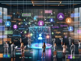 Futuristische Marketing-Redaktion mit großen Displays, bunten Datenvisualisierungen, KI-Server und holografischen Diagrammen, Menschen und KI-Assistenten arbeiten zusammen.