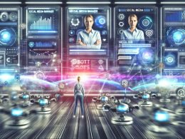 Futuristisches Büro mit Social-Media-Manager, digitalen Tools, Bot-Symbolen, mehreren großen Monitoren und dynamischen Roboterarmen im Hintergrund.