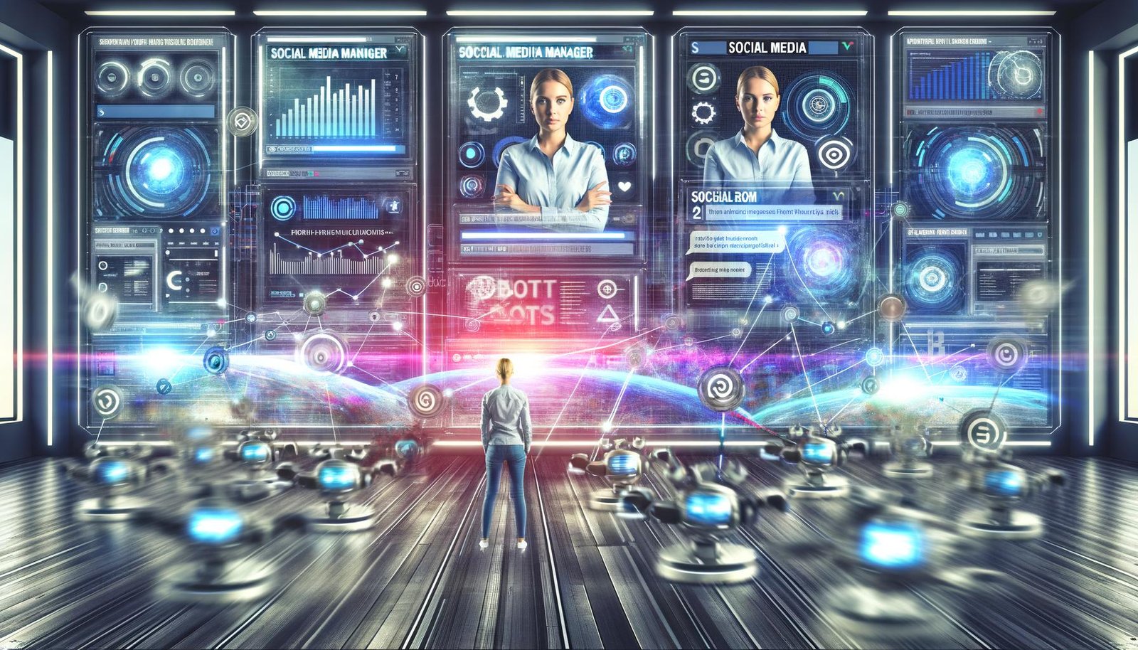 Futuristisches Büro mit Social-Media-Manager, digitalen Tools, Bot-Symbolen, mehreren großen Monitoren und dynamischen Roboterarmen im Hintergrund.
