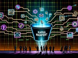 Magazin-Cover mit leuchtenden Datenströmen, schwebendem Kafka Manifest über einem digitalen Fördertopf, umgeben von Geschäftspersonen mit Laptops und AR-Brillen, sowie Icons für CRM, E-Commerce, Analytics und IoT.