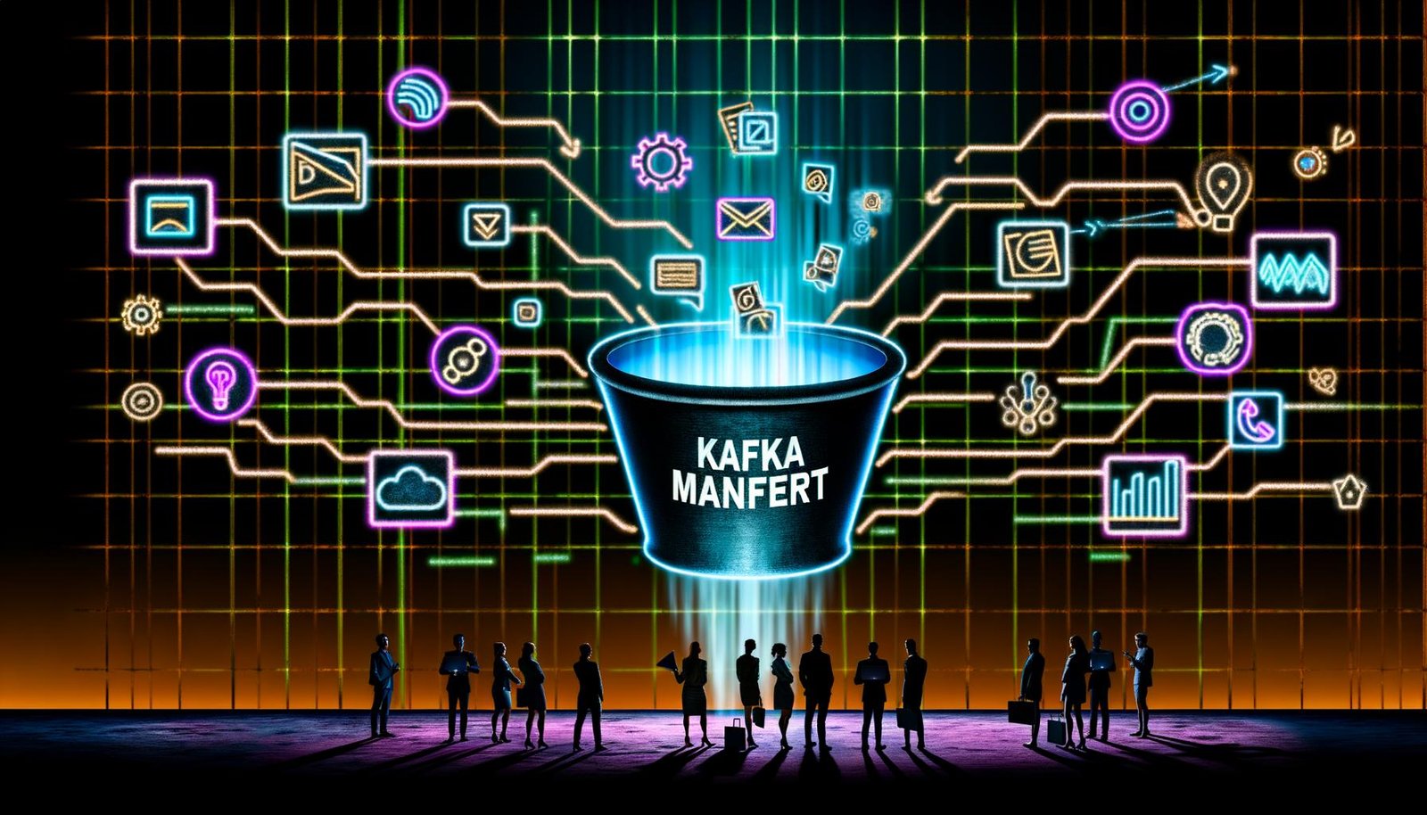 Magazin-Cover mit leuchtenden Datenströmen, schwebendem Kafka Manifest über einem digitalen Fördertopf, umgeben von Geschäftspersonen mit Laptops und AR-Brillen, sowie Icons für CRM, E-Commerce, Analytics und IoT.