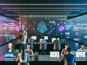 Urbanes, futuristisches Großraumbüro bei Nacht mit diversen Fachkräften vor Bildschirmen voller KI-Analysen und Datenströmen, neonfarbene Beleuchtung und digitale Wand mit KI-Nachrichtenticker.