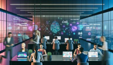 Urbanes, futuristisches Großraumbüro bei Nacht mit diversen Fachkräften vor Bildschirmen voller KI-Analysen und Datenströmen, neonfarbene Beleuchtung und digitale Wand mit KI-Nachrichtenticker.