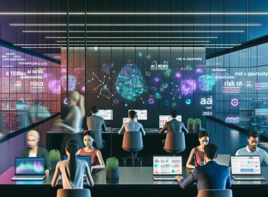 Urbanes, futuristisches Großraumbüro bei Nacht mit diversen Fachkräften vor Bildschirmen voller KI-Analysen und Datenströmen, neonfarbene Beleuchtung und digitale Wand mit KI-Nachrichtenticker.