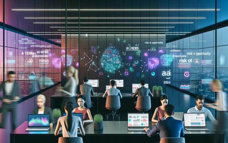 Urbanes, futuristisches Großraumbüro bei Nacht mit diversen Fachkräften vor Bildschirmen voller KI-Analysen und Datenströmen, neonfarbene Beleuchtung und digitale Wand mit KI-Nachrichtenticker.