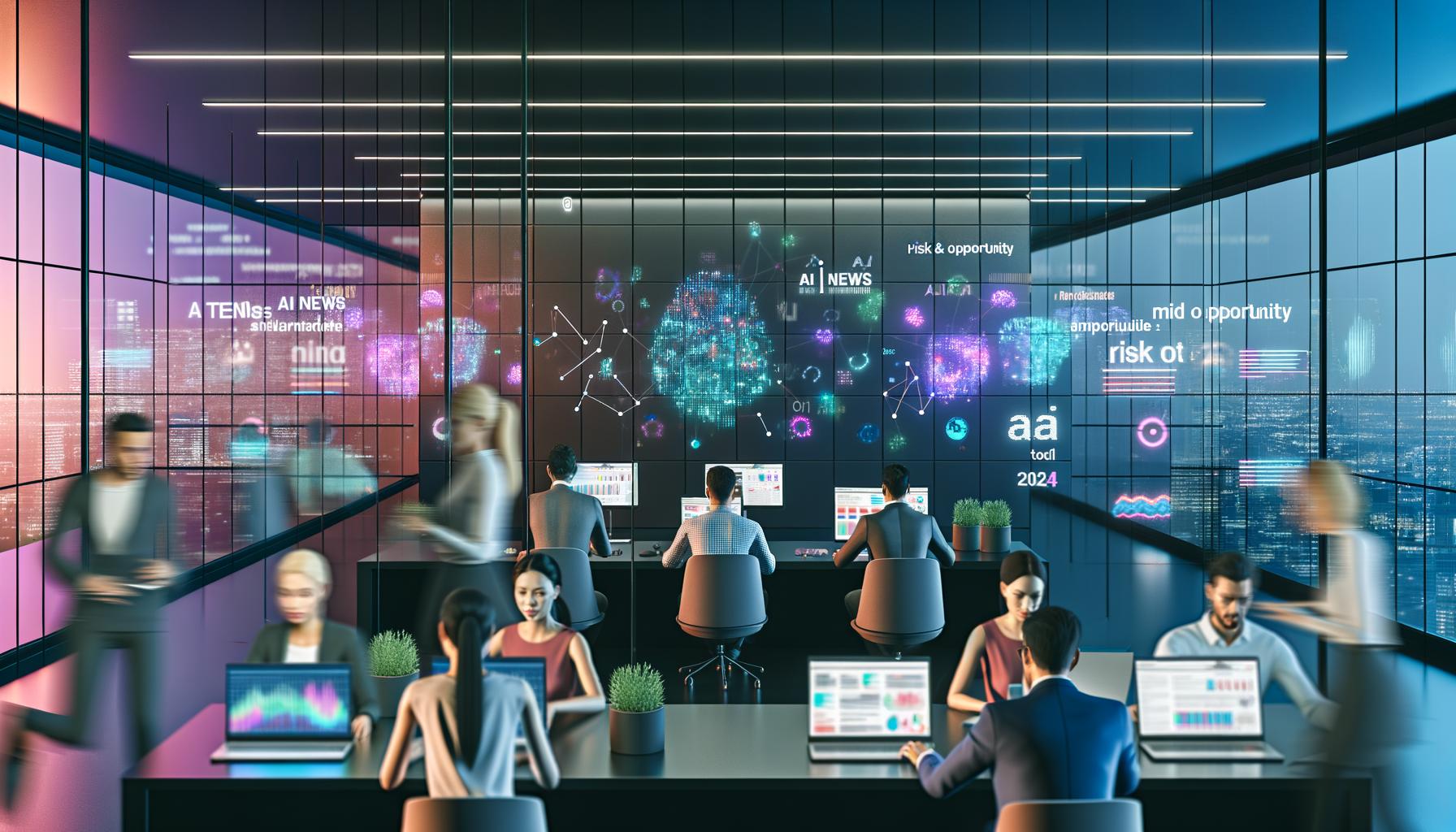Urbanes, futuristisches Großraumbüro bei Nacht mit diversen Fachkräften vor Bildschirmen voller KI-Analysen und Datenströmen, neonfarbene Beleuchtung und digitale Wand mit KI-Nachrichtenticker.