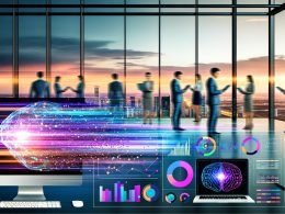 Futuristisches Büro mit Panoramafenster, Rechner mit bunten Dashboards und Zeitreihendiagrammen, schwebende KI-Visualisierungen und Mitarbeitende an einer transparenten Statistiktafel