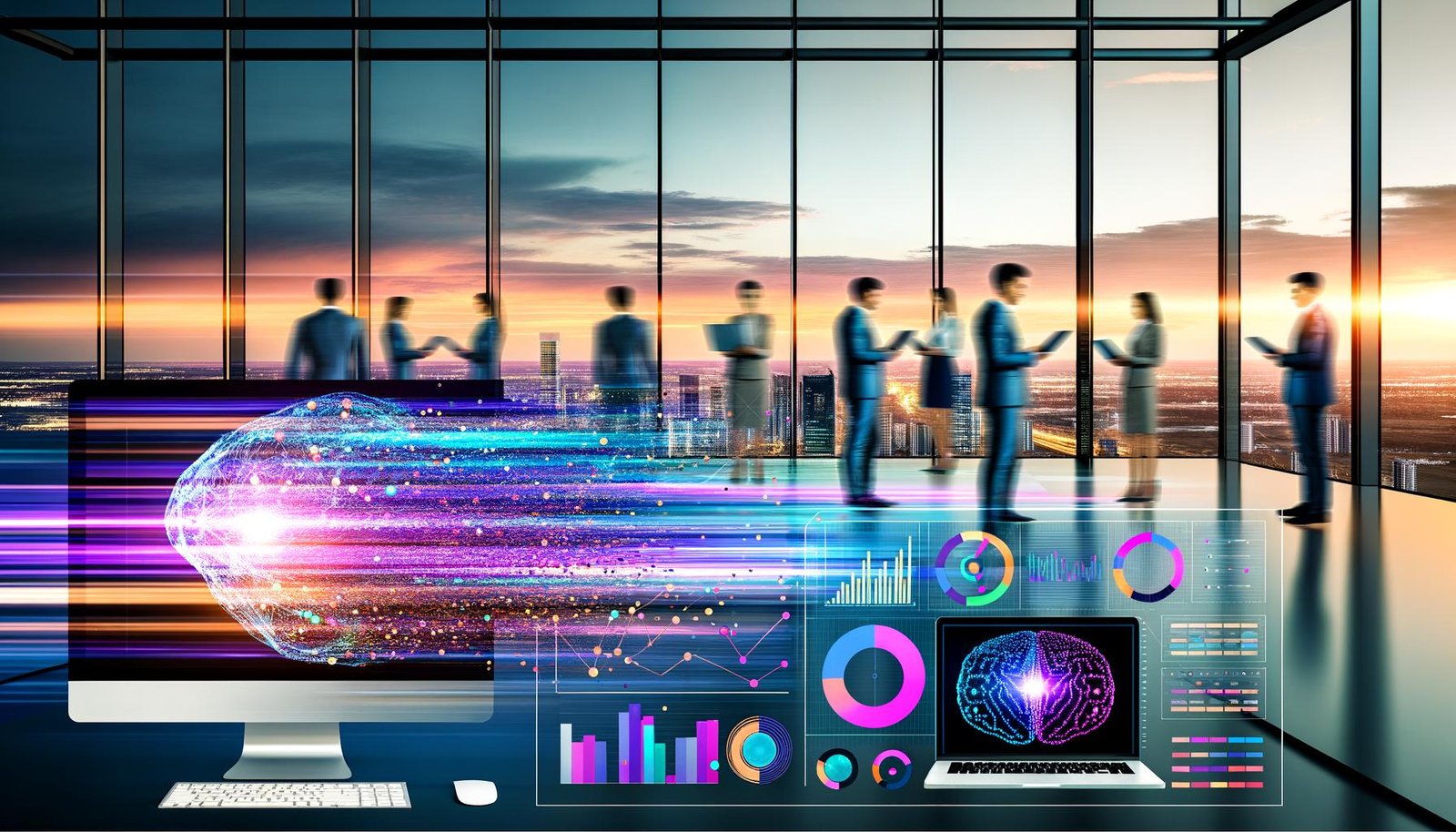 Futuristisches Büro mit Panoramafenster, Rechner mit bunten Dashboards und Zeitreihendiagrammen, schwebende KI-Visualisierungen und Mitarbeitende an einer transparenten Statistiktafel