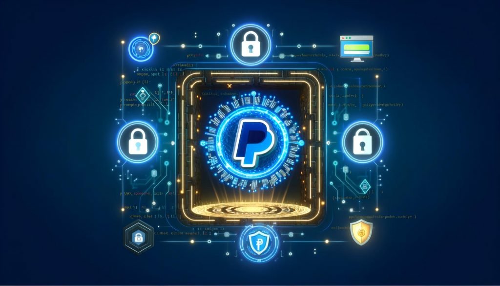 PayPal-Logo mit kryptografischen Token-Schlüsseln vor gesichertem Content-Bereich mit E-Book, Video und Download-Button, Code-Zeilen und Sicherheitssymbolen auf dunkelblauem Hintergrund