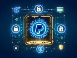 PayPal-Logo mit kryptografischen Token-Schlüsseln vor gesichertem Content-Bereich mit E-Book, Video und Download-Button, Code-Zeilen und Sicherheitssymbolen auf dunkelblauem Hintergrund