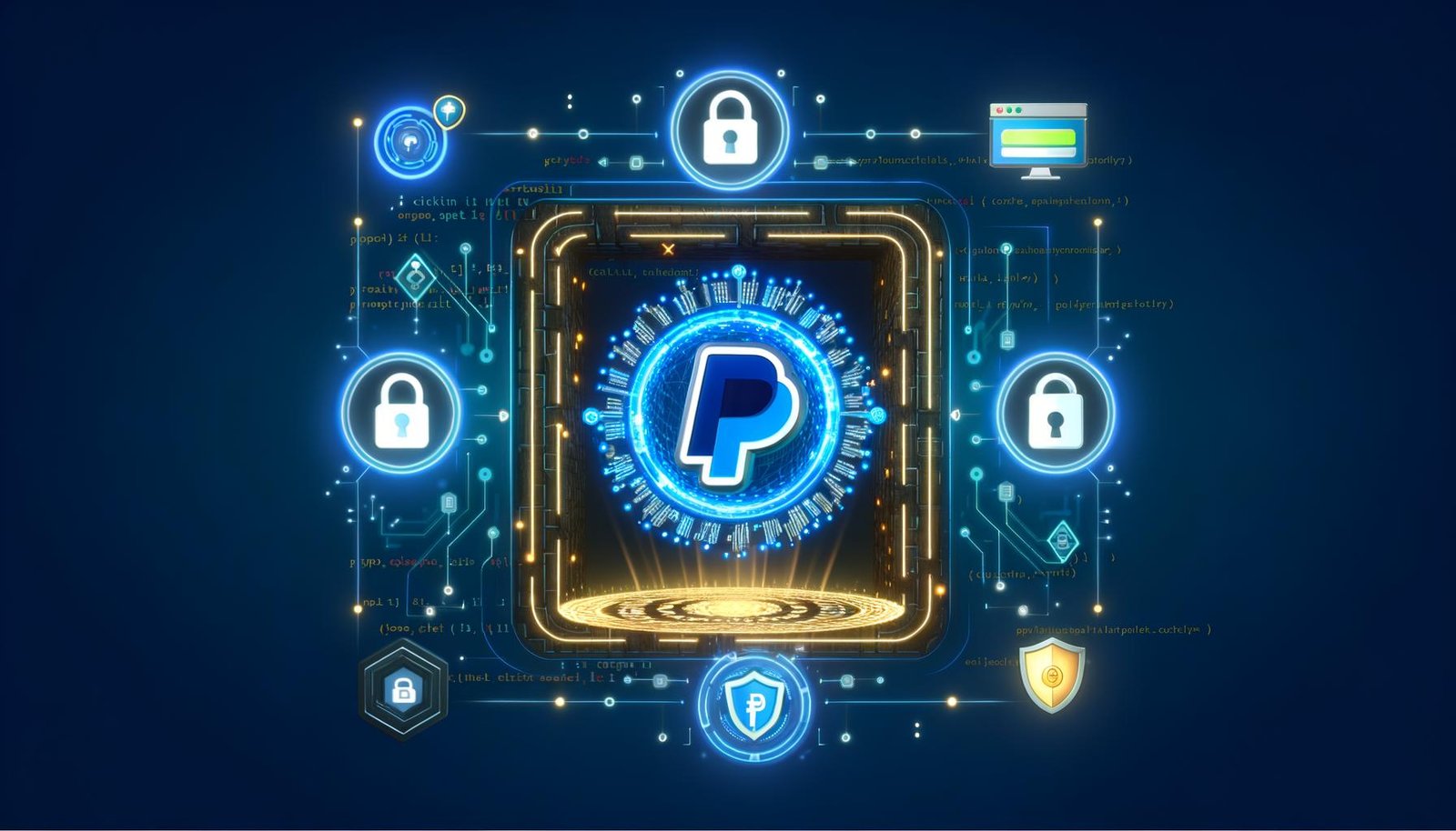 PayPal-Logo mit kryptografischen Token-Schlüsseln vor gesichertem Content-Bereich mit E-Book, Video und Download-Button, Code-Zeilen und Sicherheitssymbolen auf dunkelblauem Hintergrund