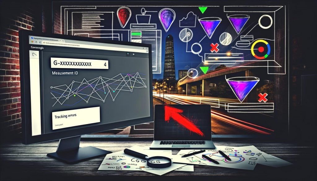 Moderner Arbeitsplatz mit Google Analytics 4 Dashboard, handschriftlichen Analytics ID Notizen, Debugging-Tools und stilisierten Symbolen für Tag-Manager und Consent-Management.