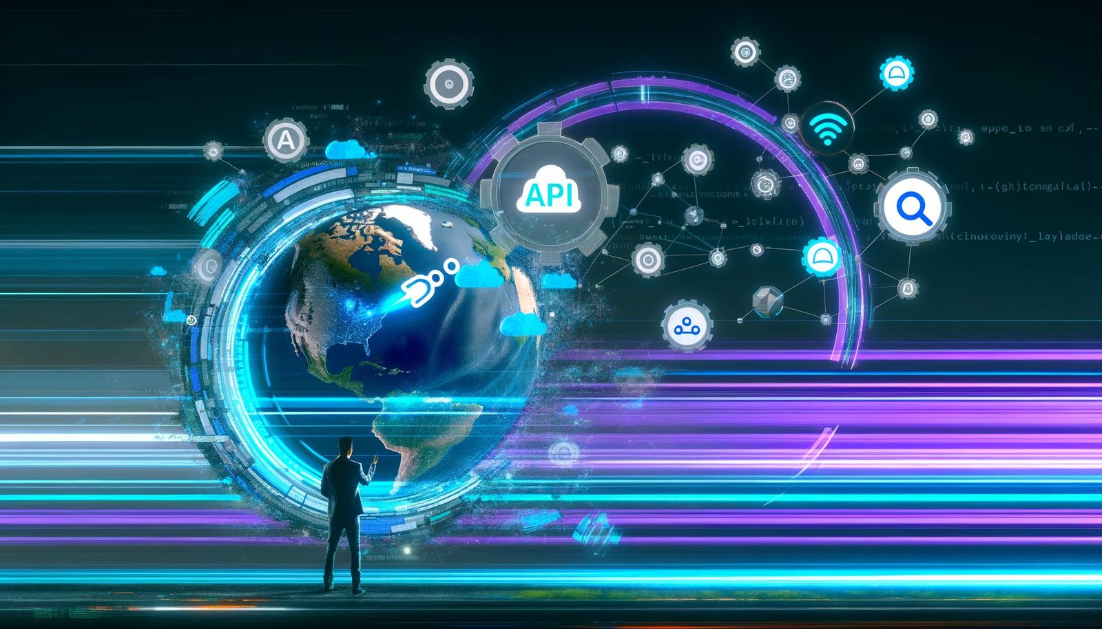 Marketer arbeitet an holografischem Dashboard mit API-Icons, globalem Cloudflare Netzwerk und Automatisierungsflüssen in futuristischer Umgebung.