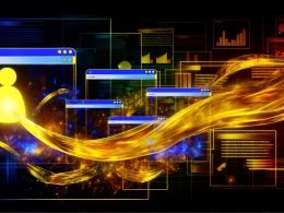 Moderne Illustration einer vernetzten Website-Architektur mit goldenen Linkjuice-Strömen, die auf eine zentrale, markierte SEO-Power-Landingpage zulaufen, umgeben von Grafiken und digitalen Elementen.