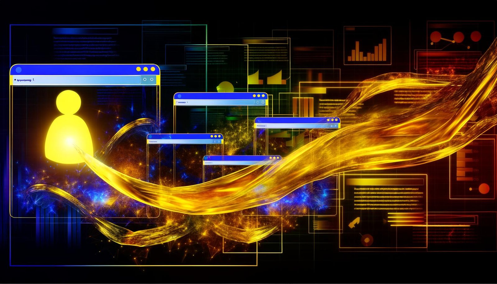 Moderne Illustration einer vernetzten Website-Architektur mit goldenen Linkjuice-Strömen, die auf eine zentrale, markierte SEO-Power-Landingpage zulaufen, umgeben von Grafiken und digitalen Elementen.