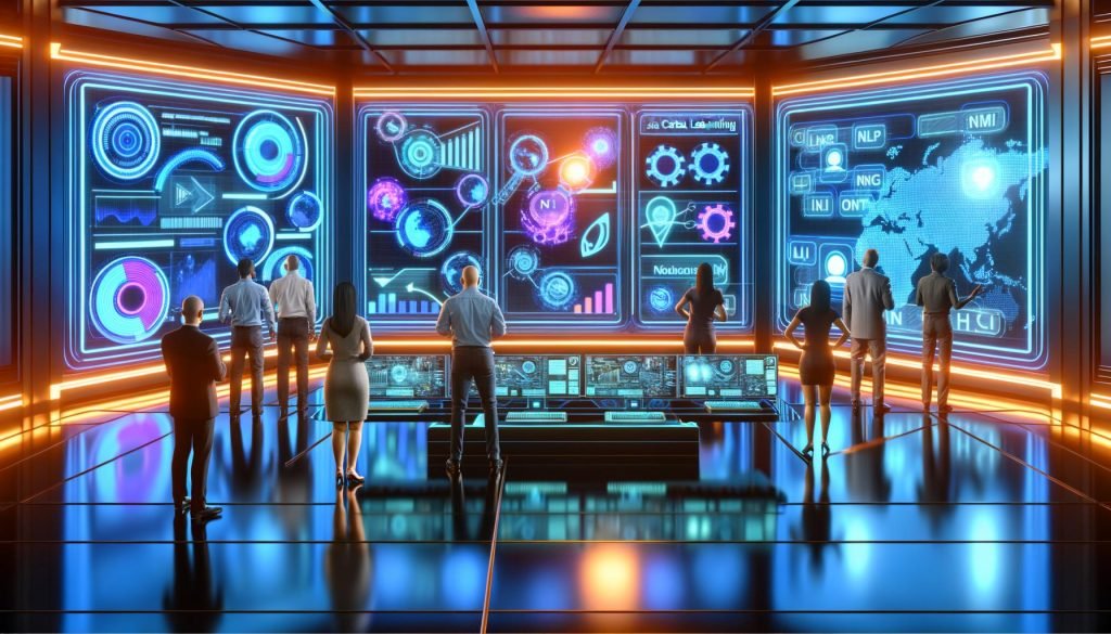 Modernes, futuristisches Marketingbüro mit Glaswänden, Neonlichtern, digitalen Dashboards und KI-Tools, in dem ein diverses Team Daten und Automatisierungsprozesse überwacht.